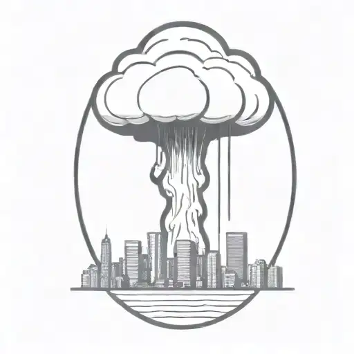 An Abstract Nuclear Explosion Mushroom Cloud Destroying A City In An Abstract Black Line Frame