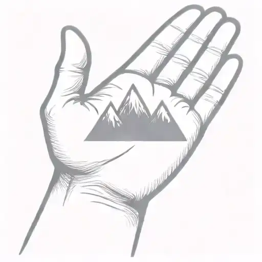 A Simple Minimalist Drawing Of A Large Mountain Being Cradled In The Palm Of A Human Hand