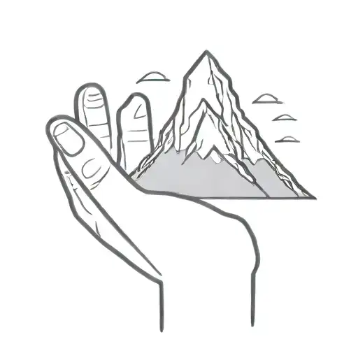 A Simple Minimalist Drawing Of A Large Mountain Being Cradled In The Palm Of A Human Hand