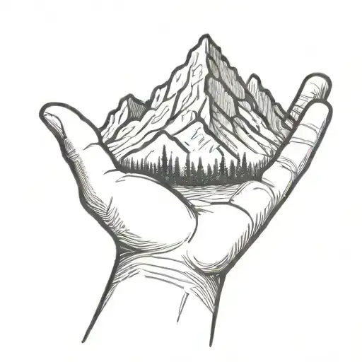 A Simple Minimalist Drawing Of A Large Mountain Being Cradled In The Palm Of A Human Hand