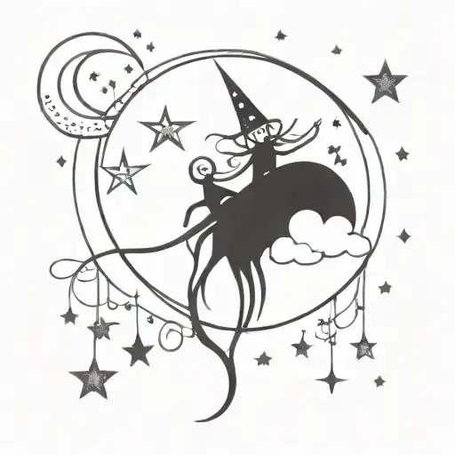 A Whimsical Gothic Design With Moon And Star Motifs Intertwined With Mystical Creatures