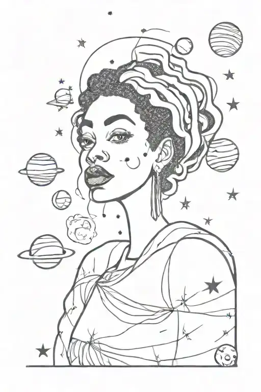 Black Woman With Hair As If It Were The Universe With Planets And Stars