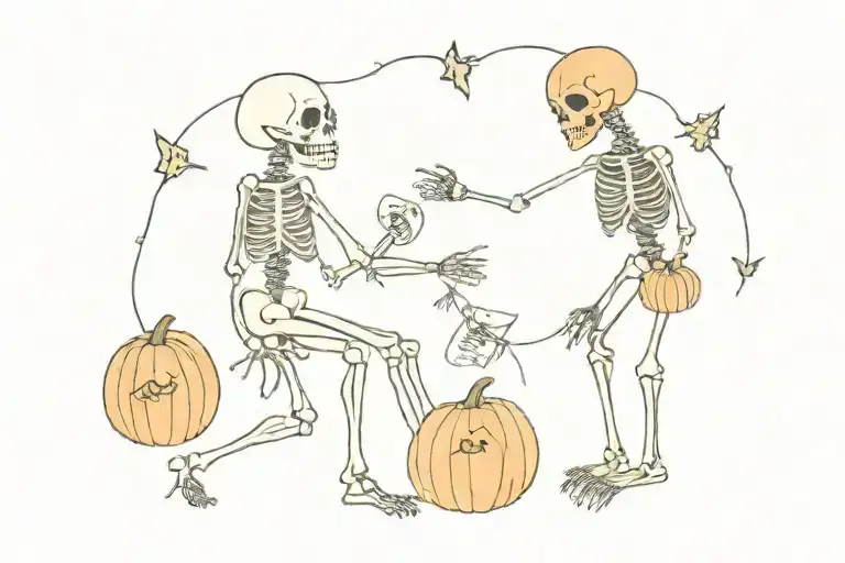 The Lovers Tarto Card Featuring Skeletons And Pumpkins