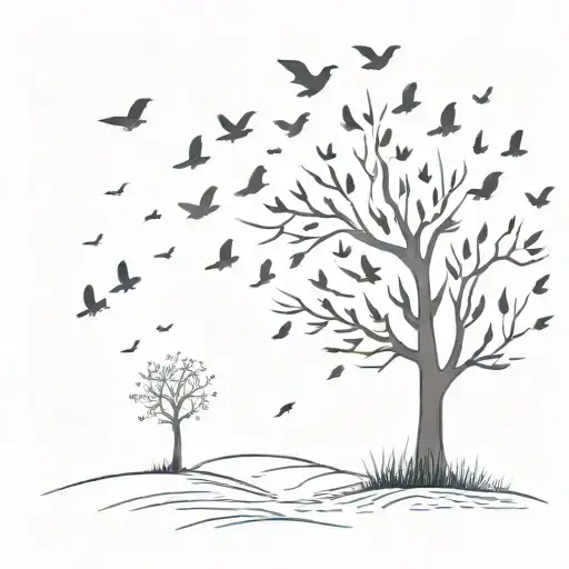 Tree With Birds Flying Away Into The Sky