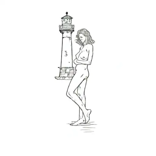 A Nude Woman Standing In Front Of A Lighthouse