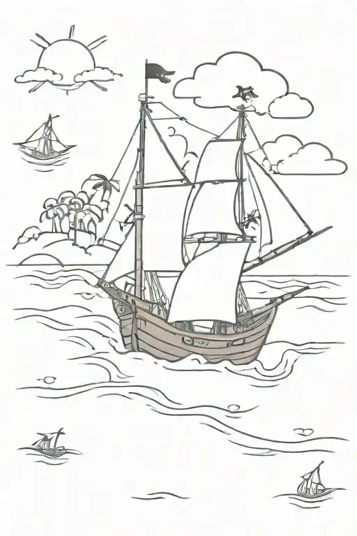Pirate Ship Sailing From An Island Representing