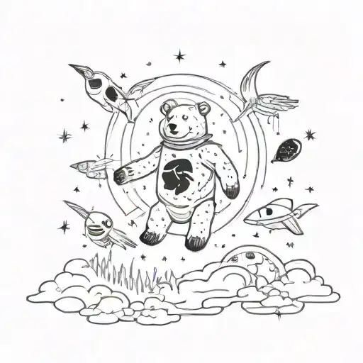 A Cosmic Bear Floating In Space Surrounded By Alien Birds