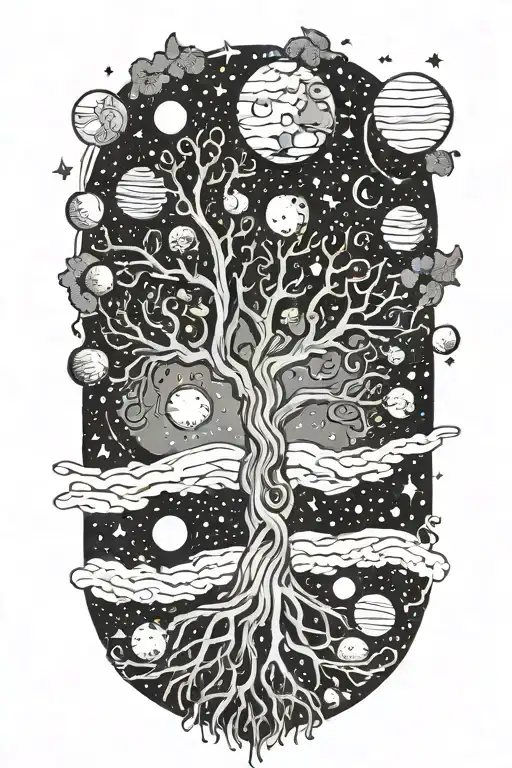 A Cosmic Scene With Planets Orbiting Around A Giant Tree In The Universe