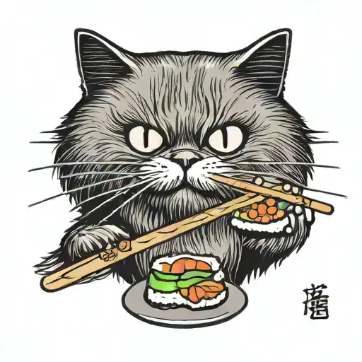 Persian Cat Eating Sushi