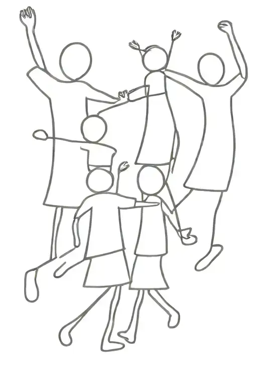 A Minimalist Tattoo Design Of A Silhouette Of A Group Of Siblings Dancing At A Party