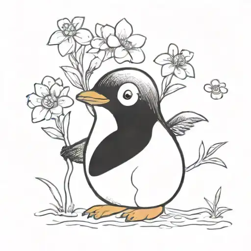 Cute Baby Penguin Holding Flowers Blooming Flower Growing