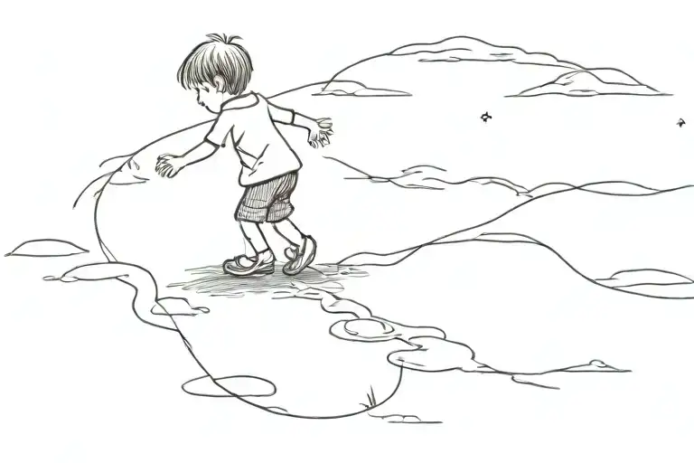 Little Boy Stepping On The Footprints Left By His Older Brother