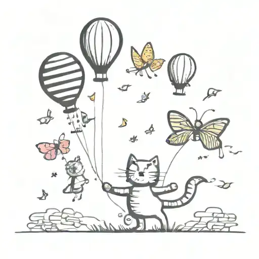 Cat Flying On Balloons And Butterflies Flying Around