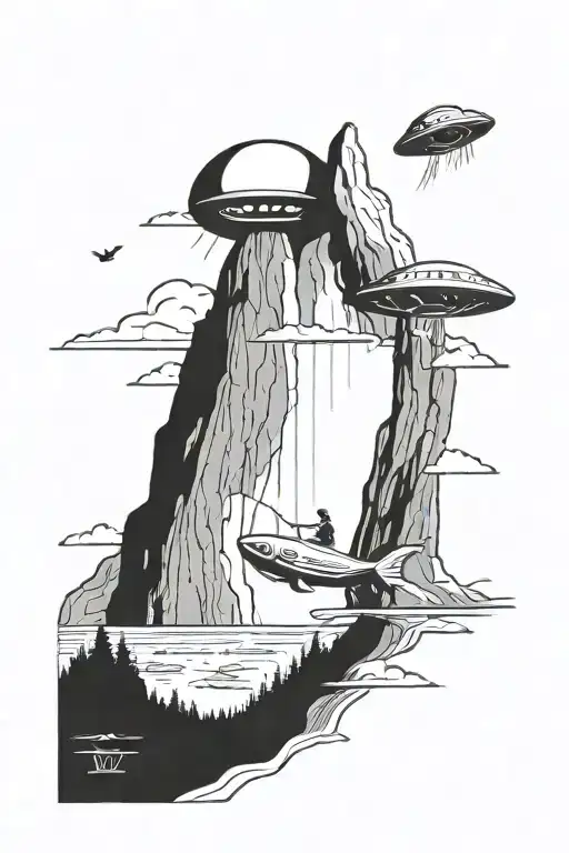 A Ufo Abducting A Fish From A Mountain Lake Scene