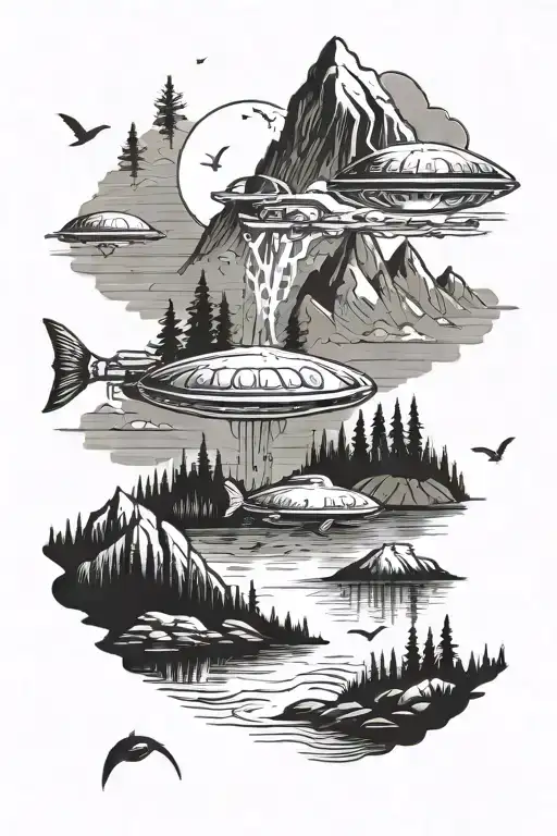 A Ufo Abducting A Fish From A Mountain Lake Scene