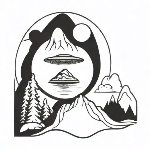 Ufo Abduction In A Mountain Lake Landscape Tattoo Idea