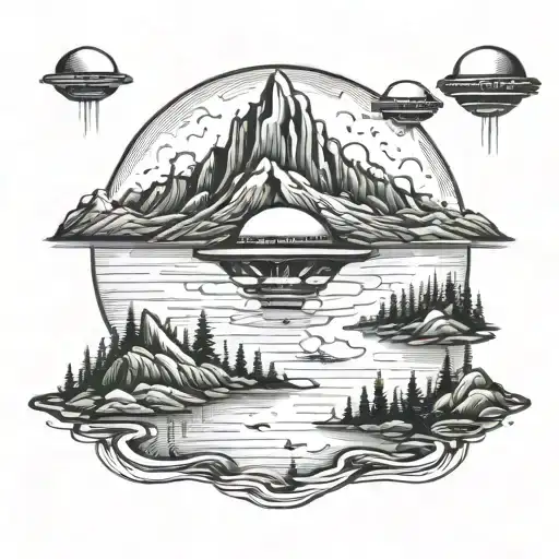 Ufo Abduction In A Mountain Lake Landscape Tattoo Idea