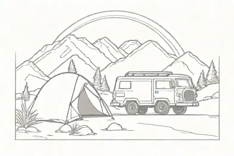 A Jeep Is Driving In Nature Between Rocks And Next To A Fire With A Tent