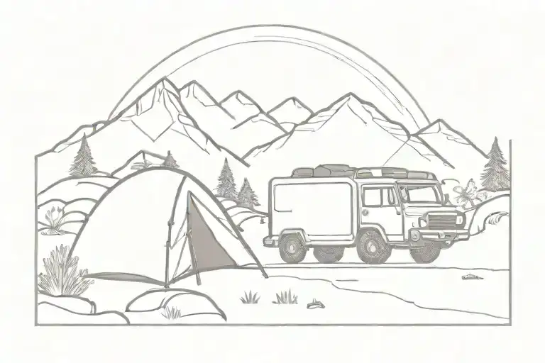 A Jeep Is Driving In Nature Between Rocks And Next To A Fire With A Tent