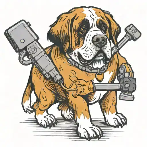 St Bernard Dog With Human Arms And Legs Using A Tattoo Gun