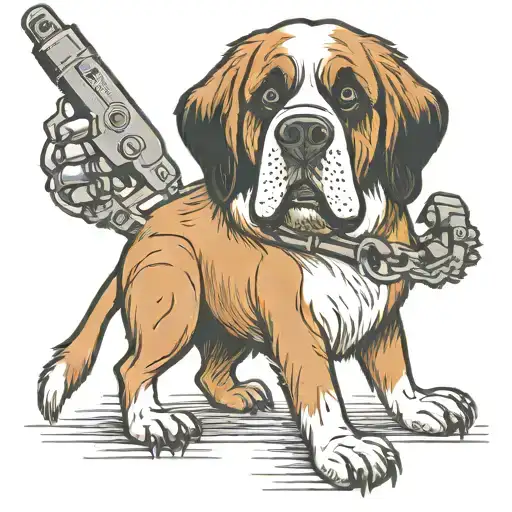 St Bernard Dog With Human Arms And Legs Using A Tattoo Gun