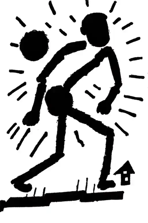 Man Walkin Up Stairs War Wounds Toward Light And A House With Clouds