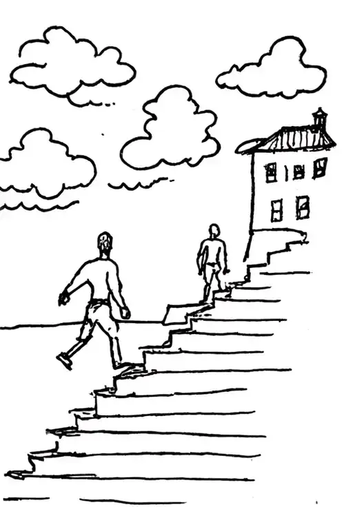 Man Walkin Up Stairs War Wounds Toward Light And A House With Clouds