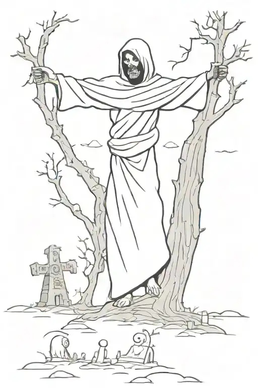 The Reaper Up Side The Tree And Jesus Kneeling In A Cemetery