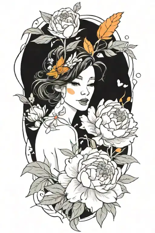 A Peony And Larkspur Bouquet Intertwined With Paintbrushes And Splashes Of Orange Paint