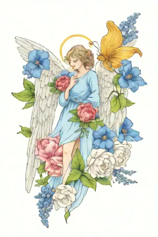 Angel Wings Surrounded By Larkspur And Peony Flowers