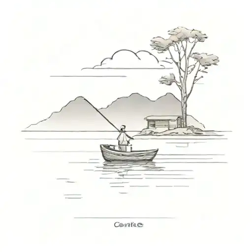 A Minimalist Design Of An Beach With A Fishing Boat On Calm Waters With A Wharf