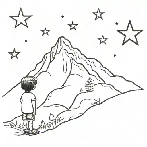 A Black Mountain With A Child Gazing At Four Stars