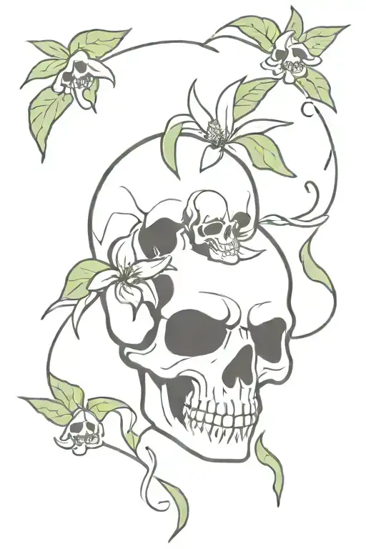 Very Simple Skull And Tropical Flowers And Leaves Intertwined Symbolizing Beauty In Death