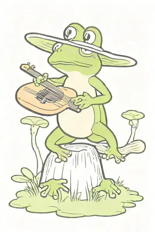 A Cartoon Frog Sitting On A Mushroom Playing A Ukulele