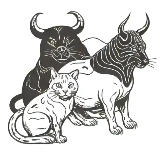 Stock Market Bull Vs Siberin Cat Sitting Together