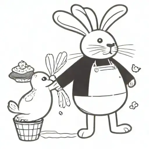 A Whimsical Tattoo Design With A Bunny Artist Hugging A Muffin It's Best Friend