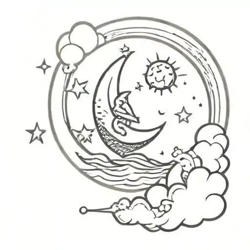 A Cute Retro Animated Tattoo Of The Moon And Sea
