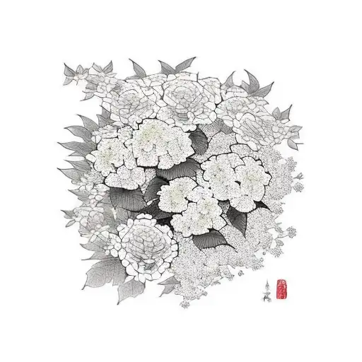 A Serene Sunset Scene With Hydrangeas Blooming In The Foreground