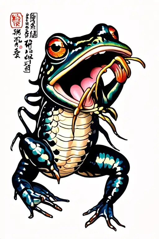 Traditional Frog Jumping With A Centipede In Its Tongue