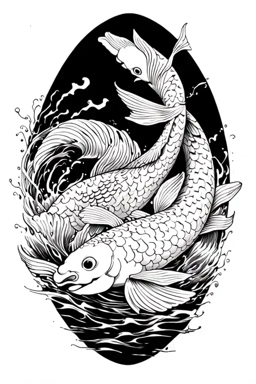 Koi Fish Swimming Upstream A Blackwork