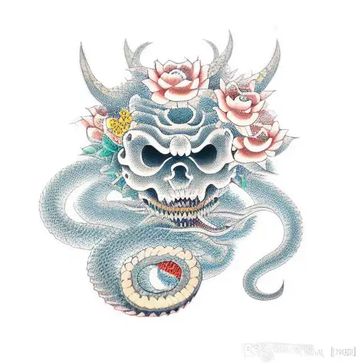 Demon Wearing Flower Biting Snake