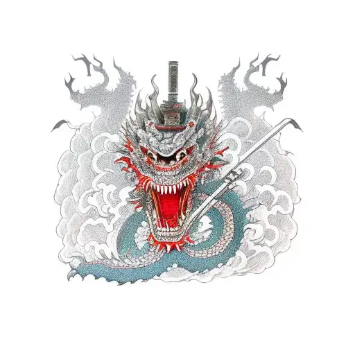 Undead Samurai Battling A Chinese Dragon