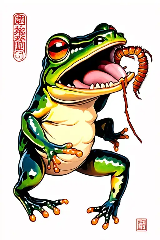Traditional Frog Jumping Catching A Centipede In Its Tongue