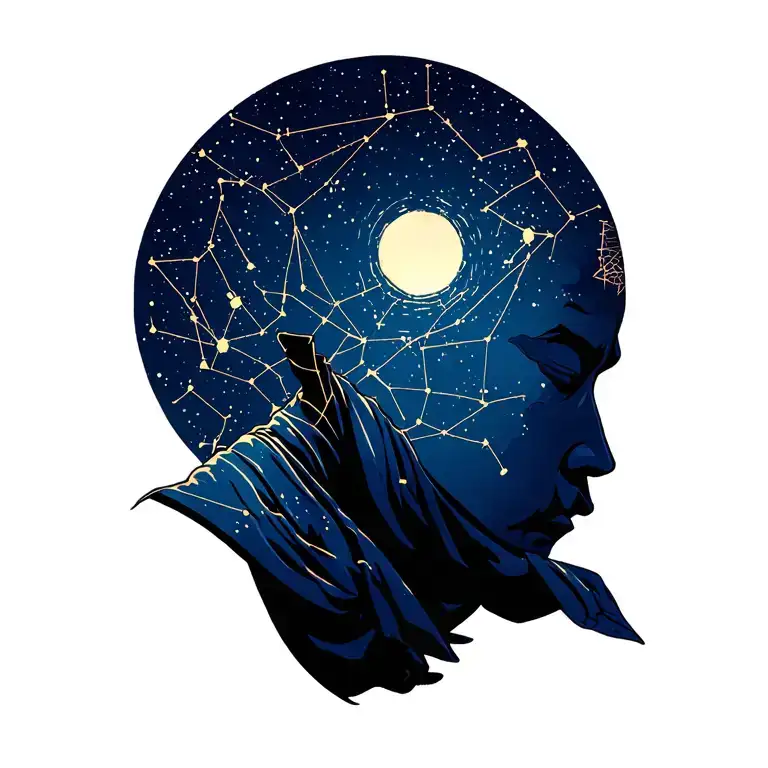 Monk Shadow At Night Sky Filled With Constellations