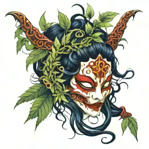 Pretty Medusa Oni Mask Surrounded By Weed