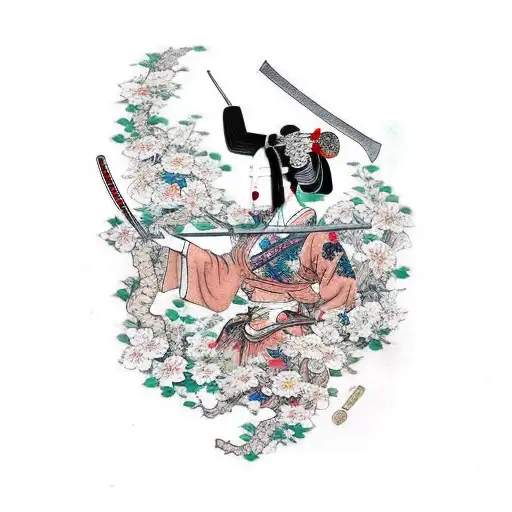 Warrior Geisha With Sword And Blossoms