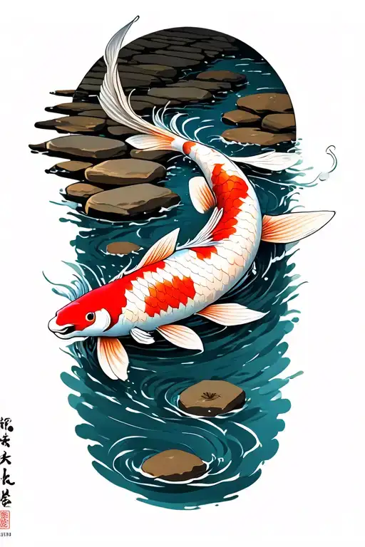Koi Fish Swimming Upstream A Stone Path Leads