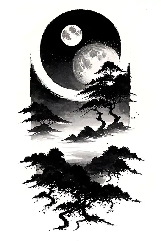 Zen Brush Stroke Line With Moon