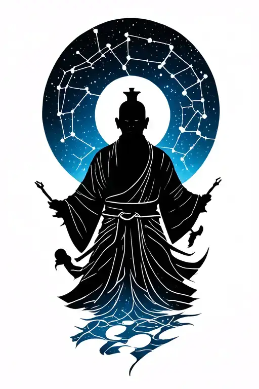 Monk Shadow At Night Sky Filled With Constellations