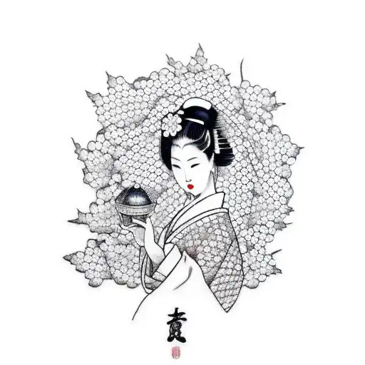 A Dotwork Tattoo Of A Beautiful Geisha Surrounded By Cherry Blossoms